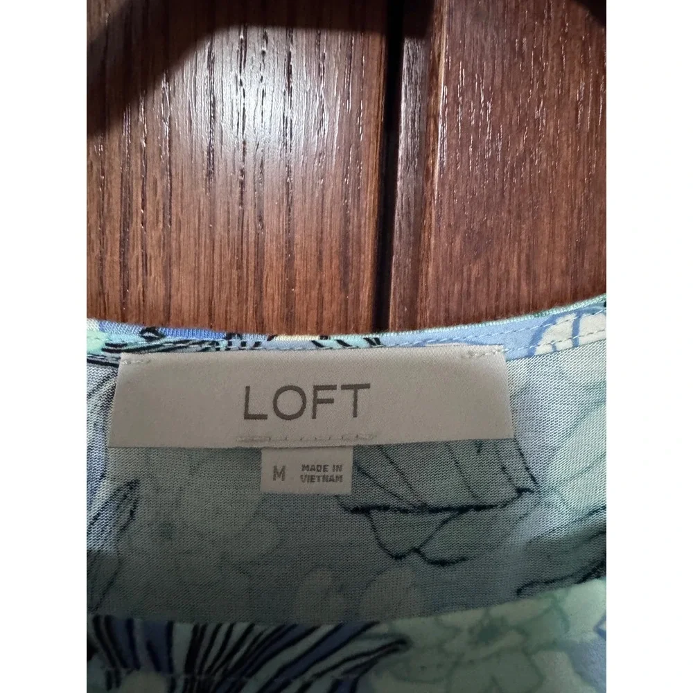 LOFT Floral Puff Sleeve Top Light Blue Green White Women's Medium M